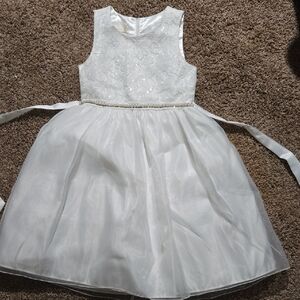 White Girls' Lace & Tulle Party Dress with Beaded Waist